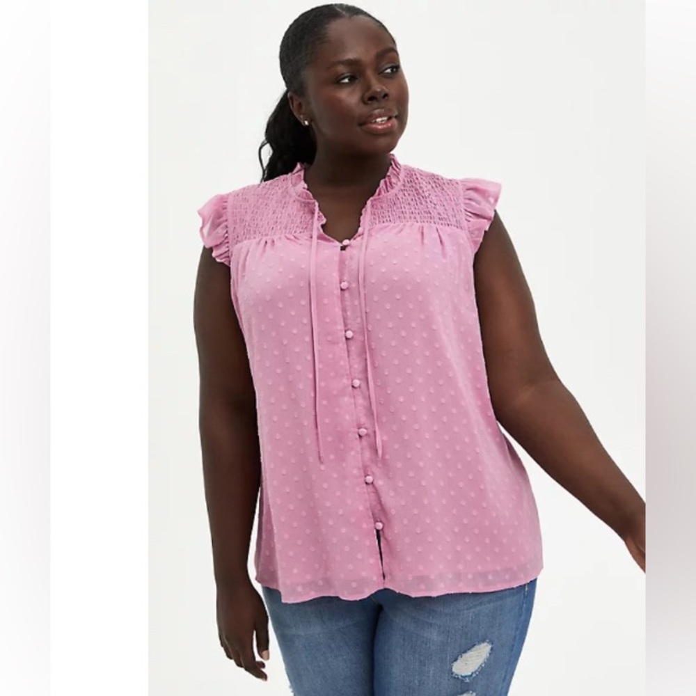 Torrid CHIFFON CLIP DOT SMOCKED RUFFLE TRIM TOP